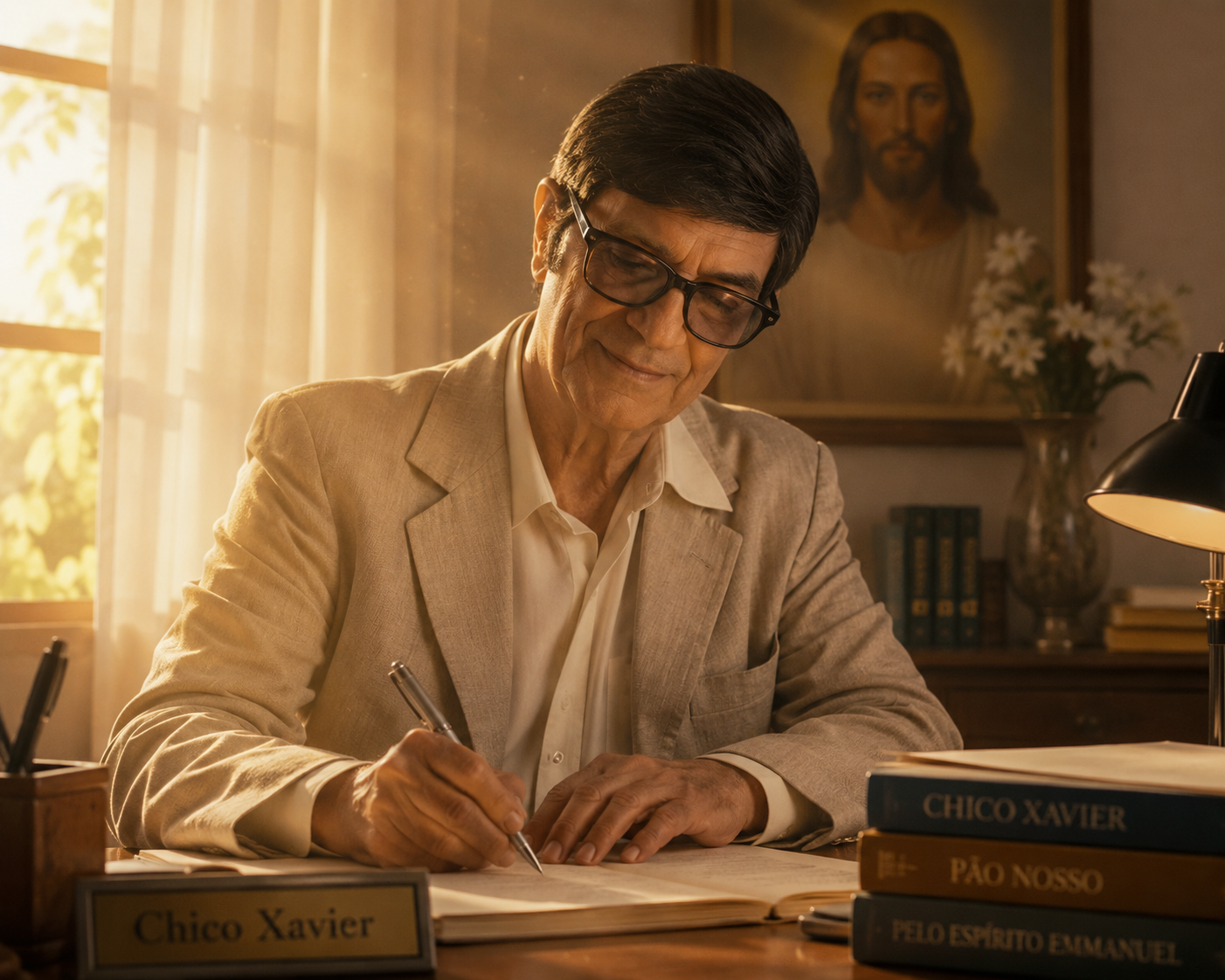 Leitura espiritual com livro aberto e luz suave, representando o estudo de Vinha de Luz