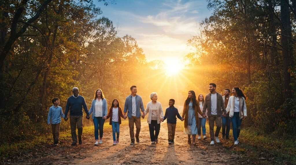 Fraternidade entre pessoas simbolizando o amor ensinado por Jesus segundo o Espiritismo.